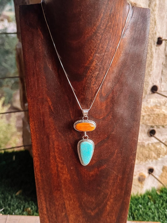 Henderson Orange Spiny Oyster + Turquoise 2 Stone Necklace