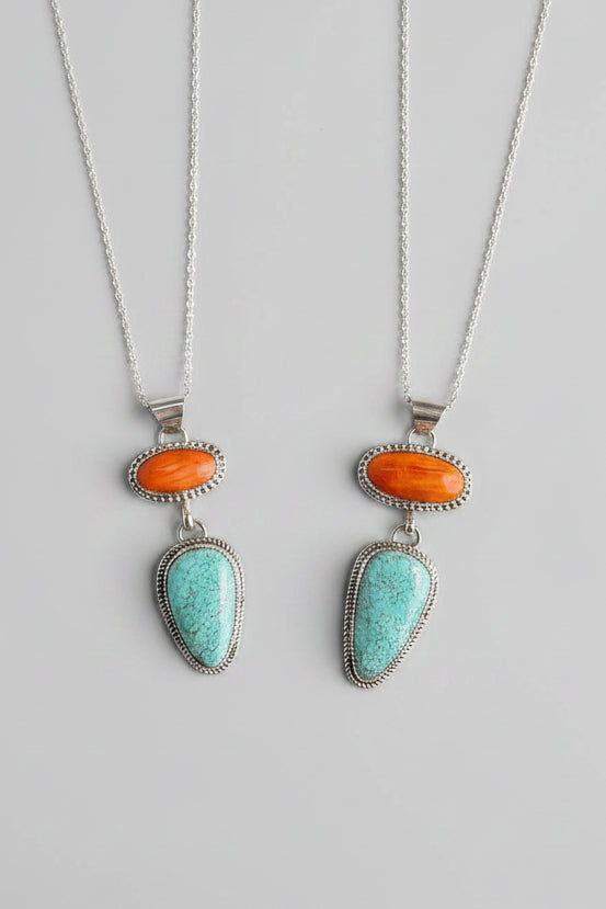 Henderson Orange Spiny Oyster + Turquoise 2 Stone Necklace