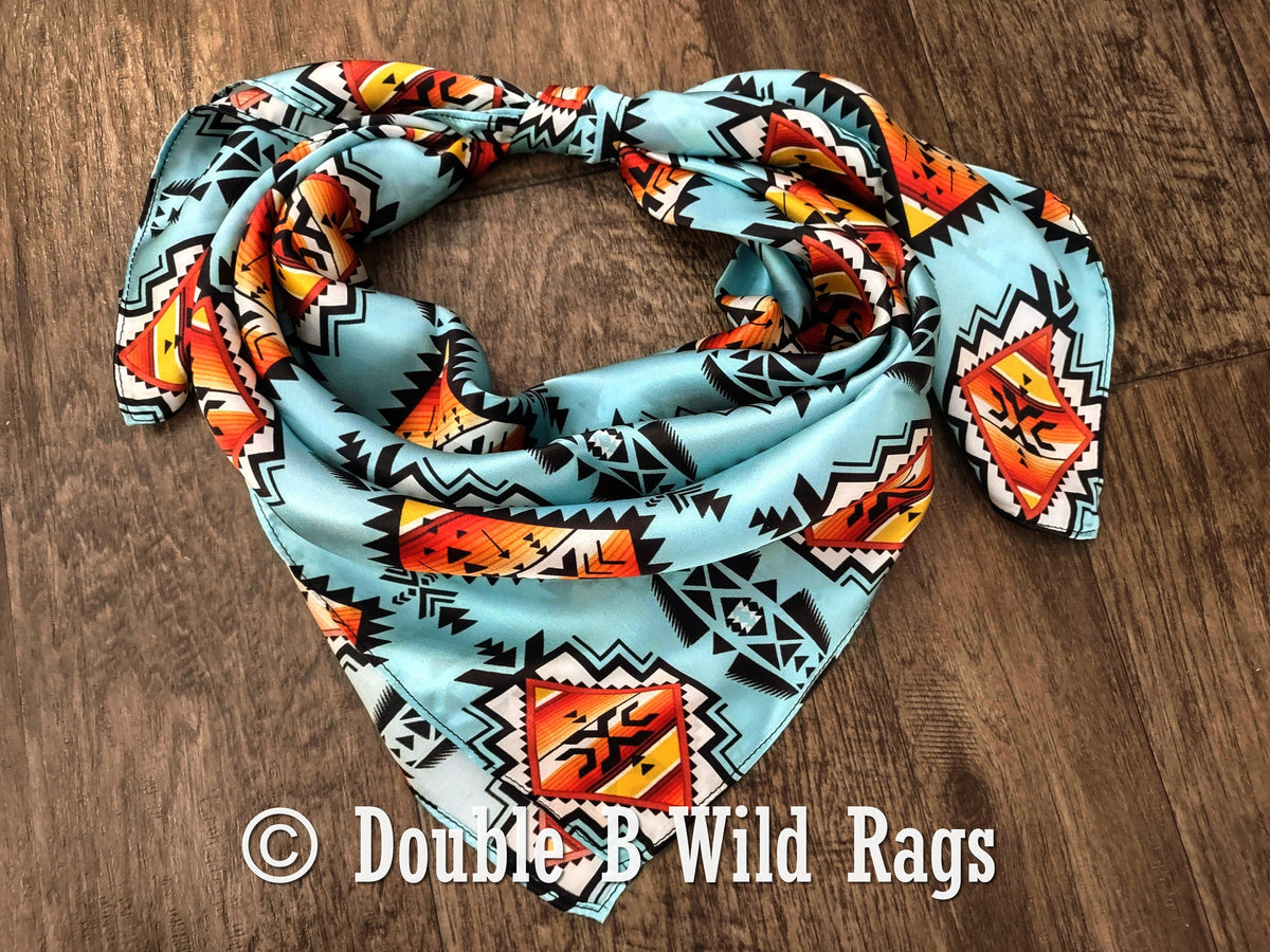 Wild Rag 100% Silk Light Blue with Orange Serape Cowboy Western Neck Scarf Bandanna by Double B Wild Rags