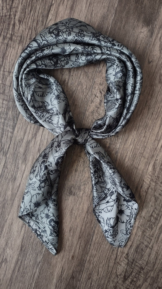 Wild Rag 100% SILK Dark Grey Pin Up Cowgirls and Hollyhock flowers Cowboy Western Neck Scarf Bandanna by Double B Wild Rags