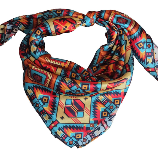 Silk Wild Rag Red, Yellow, Blue Aztec by Double B Wild Rags