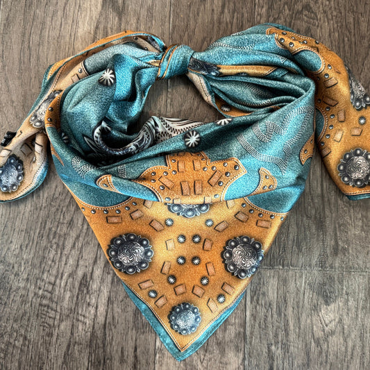 100% Silk Wild Rag Dusty Blue suede leather and conchos with boot stitch accents by Double B Wild Rags