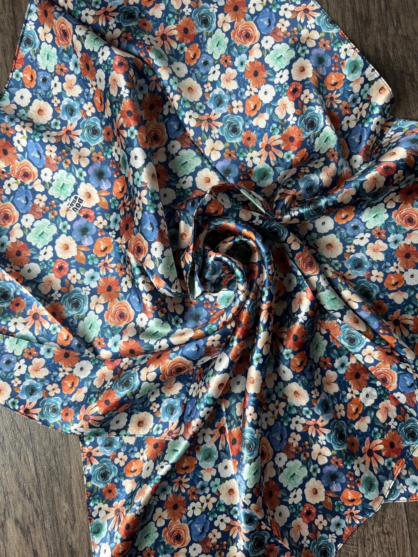 100% Silk Wild Rag Dainty Navy Orange and mint green floral by Double B Wild Rags