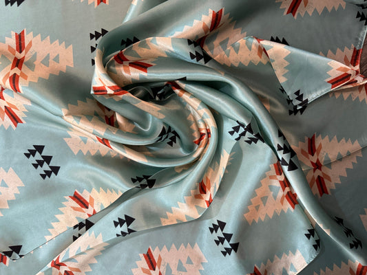 100% Silk Wild Rag Aztec Native Light blue and ivory by Double B Wild Rags
