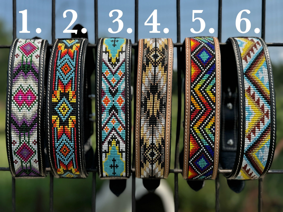 Western leather dog collar tooled and seed bead details by Double B Wild Rags