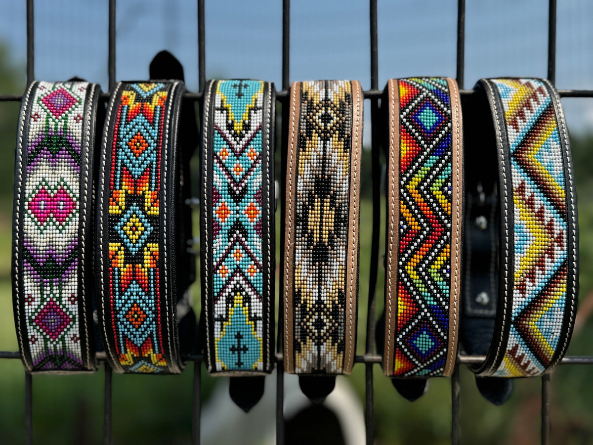 Western leather dog collar tooled and seed bead details by Double B Wild Rags
