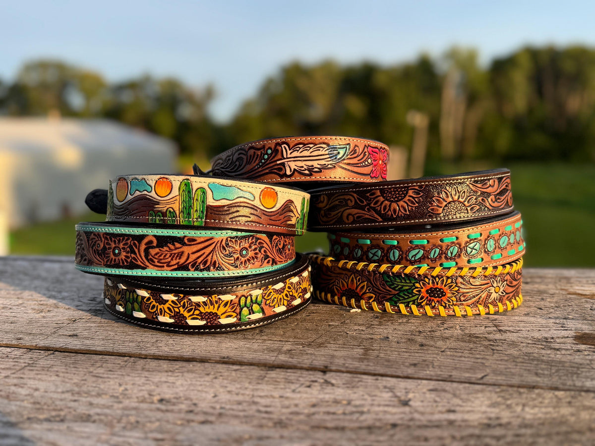 Western Genuine Leather dog collar or leash tooled details of sunflower daisy cactus floral turquoise feather by Double B Wild Rags