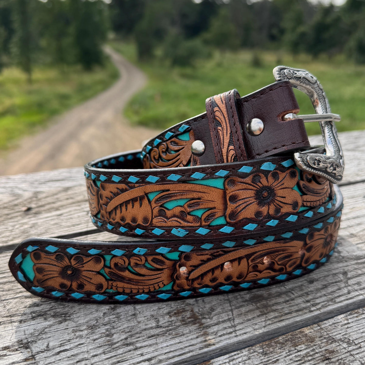 Genuine Leather Western Belt with tooled and buckstitch details by Double B Wild Rags