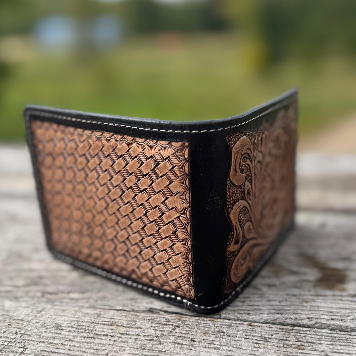 Men’s Western bi-fold wallet tooled floral and basketweave details by Double B Wild Rags