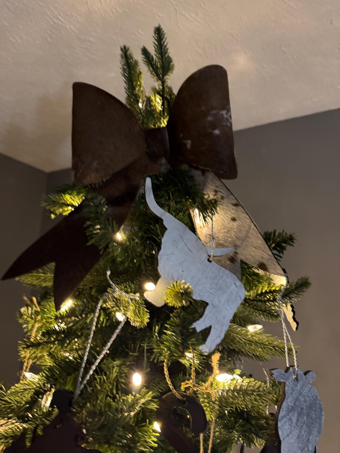 Cowhide Tree Topper Western Branded Bow