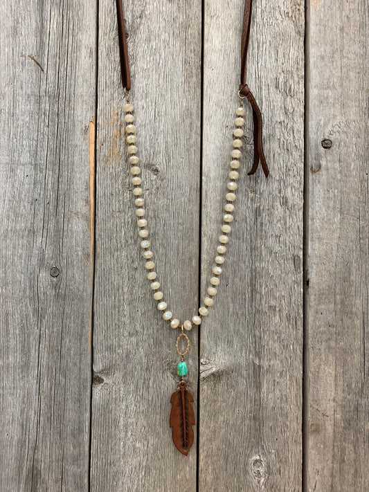 15343 Opal Crystal w/Turq & Choc Lthr Feather
